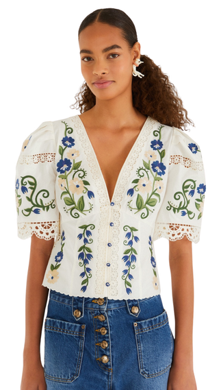 Countryside Land Embroidery Short Sleeve Blouse, Off-White