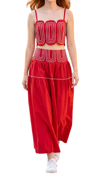 Lace Trimmed Top & Skirt Set - Red/White