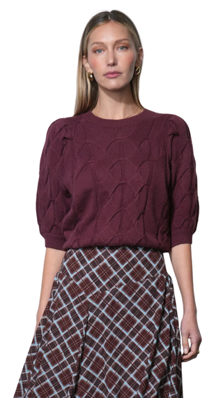 Hallie Cable Knit Puff Sleeve Sweater Top- Aubergine