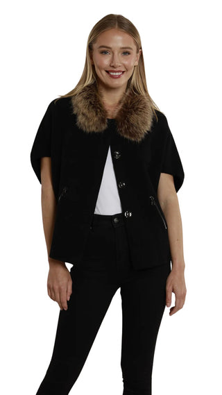 Faux Fur Trim Cardigan - Black/Chestnut