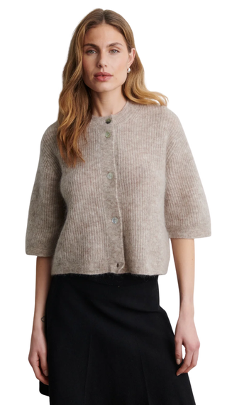 Andrea Knit Rib Cardigan, Light Beige Melange