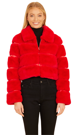 Paneled Faux Fur Vegan Leather Cropped Jacket - Red