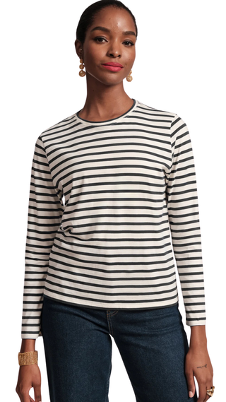 Long Sleeve Striped T Shirt Stripe Pima Cotton, Oyster/Black