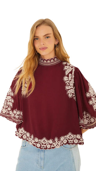 Bicolor Palm Tree Embroidery Blouse