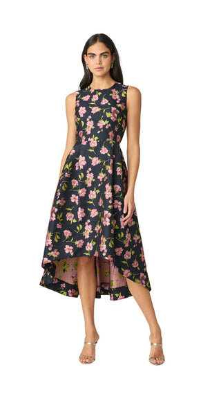Jeanne High-Low Floral Jacquard Midi Dress - Navy Blush
