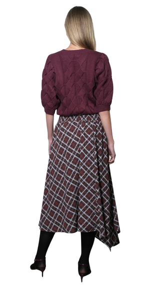 Rhodes Asymmetric Plaid Midi Skirt, Dark Cherry