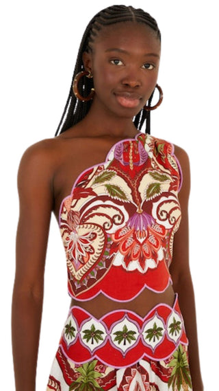 Odara Red One Shoulder Scallops Top