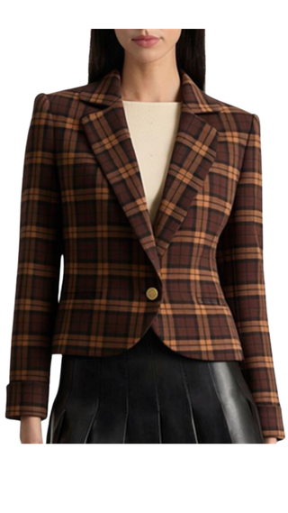 Macey Shrunken Roll Cuff Notch Collar Blazer, Dark Chocolate/Camel