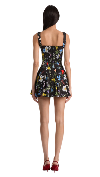 Veda Square Neck Pleated Flared Mini Dress - Twisting Vines Black