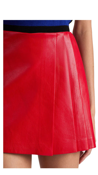 Toni Vegan Leather Asymmetrical Pleated Skirt - Ruby