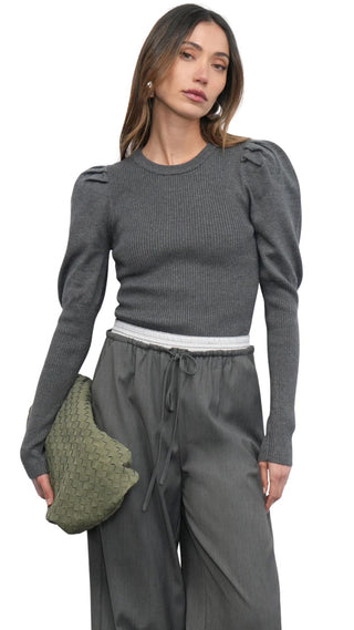 Renoa Puff Sleeve Ribbed Knit Top - Charcoal