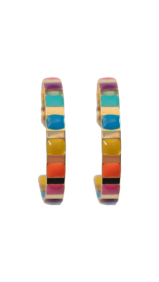 Gold and Rainbow Striped Enamel Striped Hoop Earrings