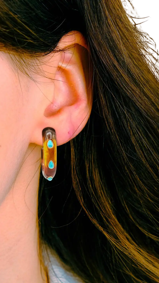 Genevieve Tortoise Resin Hoop Earrings With Faceted Turquoise Glass Pear Stones