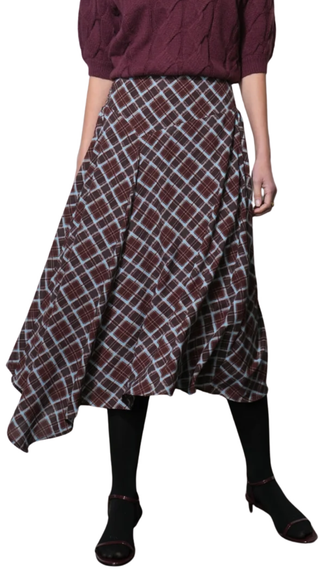 Rhodes Asymmetric Plaid Midi Skirt, Dark Cherry