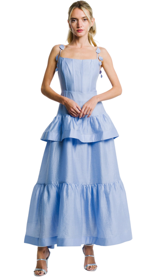 Claudetta Flower Trim Ruffled Maxi Dress - Iris Blue