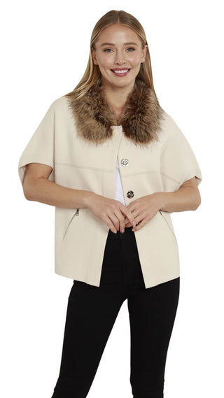 Faux Fur Trim Cardigan - Creme/Chestnut - S/M