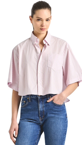 Ember Striped Poplin Cropped Button Down Shirt - Pink Stripe
