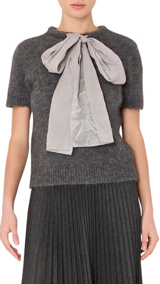 Combination Bow Fuzzy Sweater - Smoke