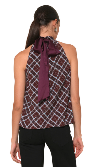Sasha Halter Neck Plaid Top, Dark Cherry