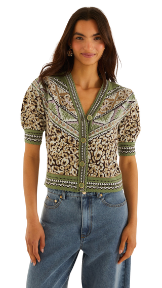 Leopard Knit Short Sleeve Cardigan, Primitive Leopard Brown