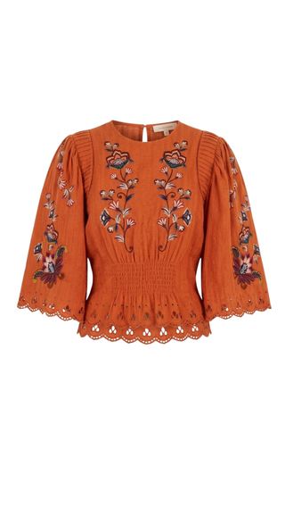 Orange Boho Flowers Embroidered Short Sleeve Blouse, Orange