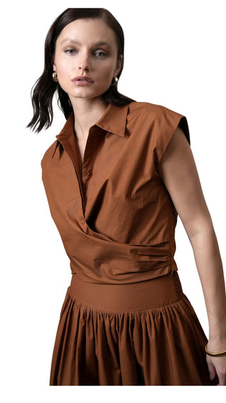 Eloise Wrap Front Extended Shoulder Poplin Top - Camel