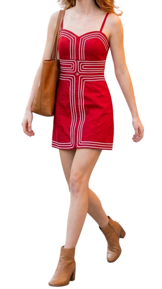 Lace Trimmed Mini Dress - Red/White