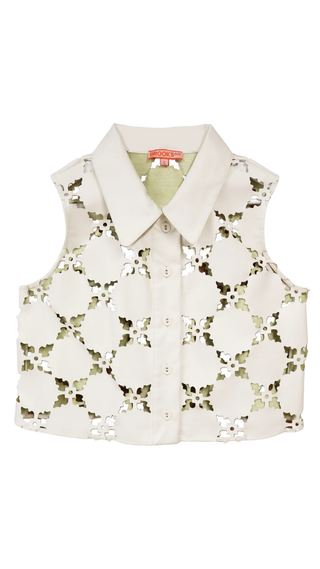 Olive Sleeveless Button Down Top - White Laser Cut Leather