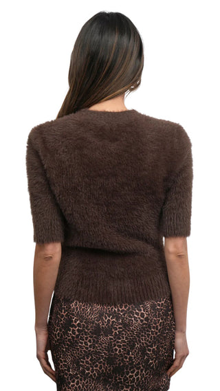Odette Fuzzy Elbow Sleeve Knit Top - Espresso