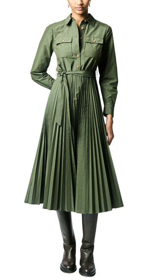 Kenza Cotton Poly Poplin Pleated Shirt Dress - Fatigue