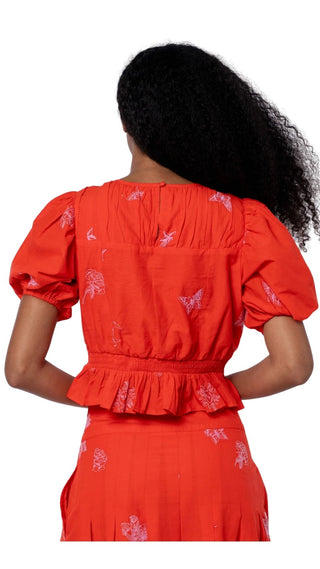 Allisa Embroidered Shirred Crop Peplum Top