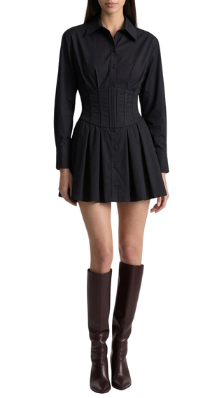 Edie Corset Button Down Mini Dress, Black