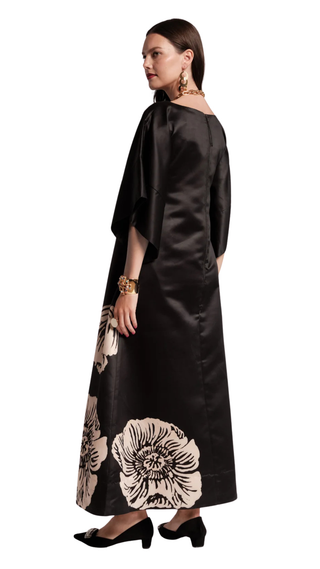 Spinnaker Maxi Dress Carefree Chrysanthemum Poly Satin, Black/Camel