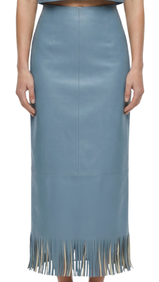 Wright Fringe Skirt, Light Blue Leather