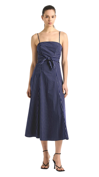Zandra Striped Shirting Tie Front Dress - Dark Navy Stripe