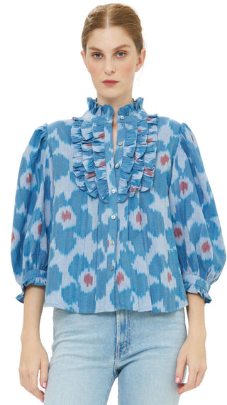 Ruffle Front Button Blouse - Jinja Blue