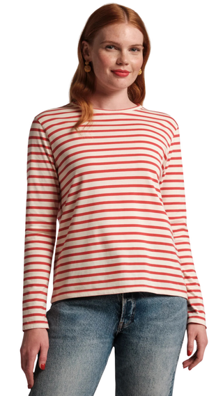 Long Sleeve Striped T Shirt Stripe Pima Cotton, Oyster/Red