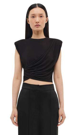 Estelle Clean Stretch Jersey Wrap Front Crop T Shirt, Black