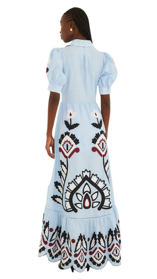 Blue Artisanal Short Sleeve Maxi Dress