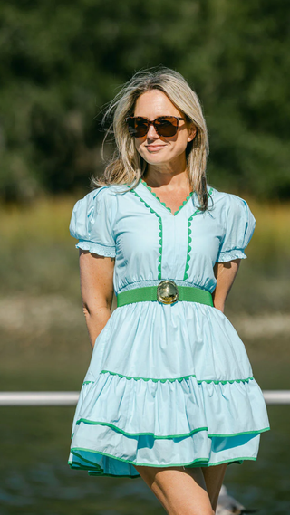 Lindsay Dress - Solid Blue/Green Trim