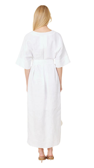Linen Belted Maxi Dress - White