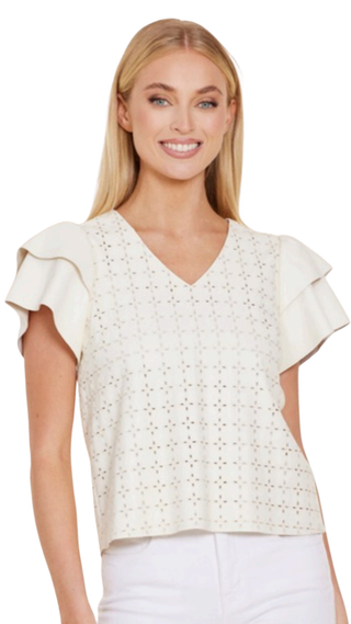 Vegan Leather Embroidered Flutter Sleeve Top - Creme