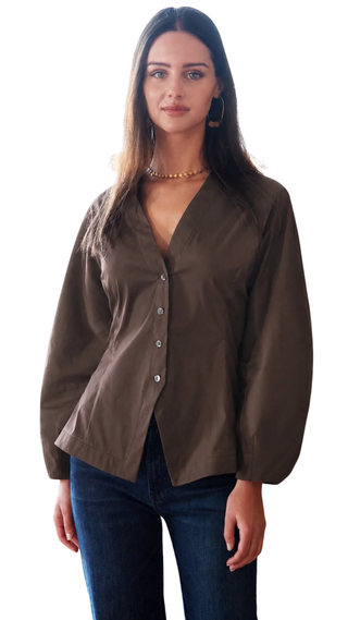Mia Barrel Sleeve Top Solid Silky Poplin, Chocolate
