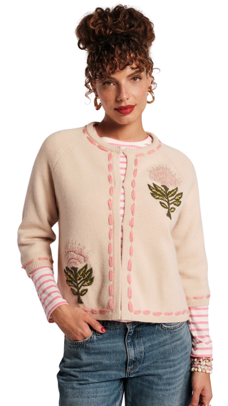 Border Flower Cardigan Heirloom Floral, Oyster/Multi