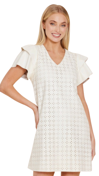 Vegan Leather Embroidered Flutter Sleeve Dress - Creme