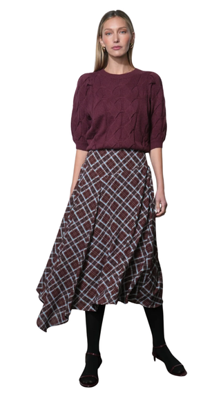 Hallie Cable Knit Puff Sleeve Sweater Top- Aubergine
