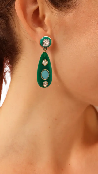 Sofia Green Resin And Enamel Pierced Earrings With Light Amethyst Crystal Stones