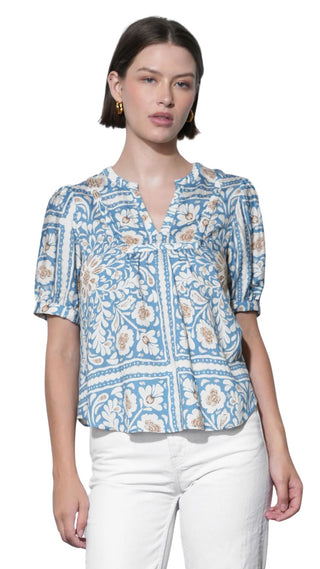 Charlotte Split Neck Elbow Sleeve Top - Dusty Blue