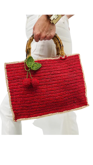 Piper Bamboo Raffia Bag- Red/Hay with Cherry Bag Charm