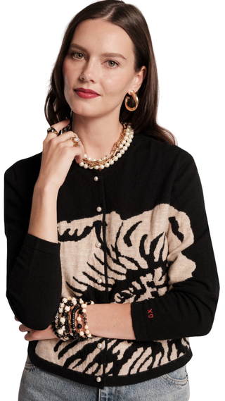 Darling Cardigan Carefree Chrysanthemum Jacquard Wool Blend, Black/Camel